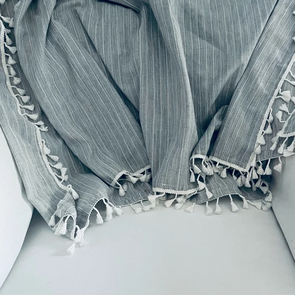 Boho Fringe tassel woven Gray and white stripes Tablecloth or throw blanket